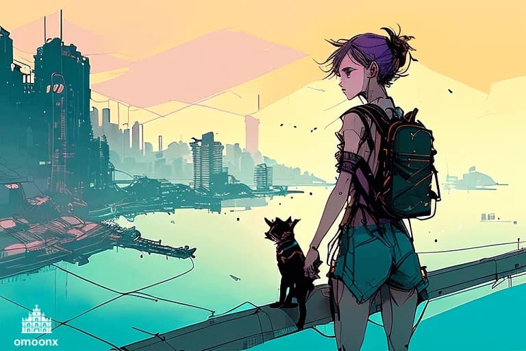 Girl with cat overlooking Macau skyline